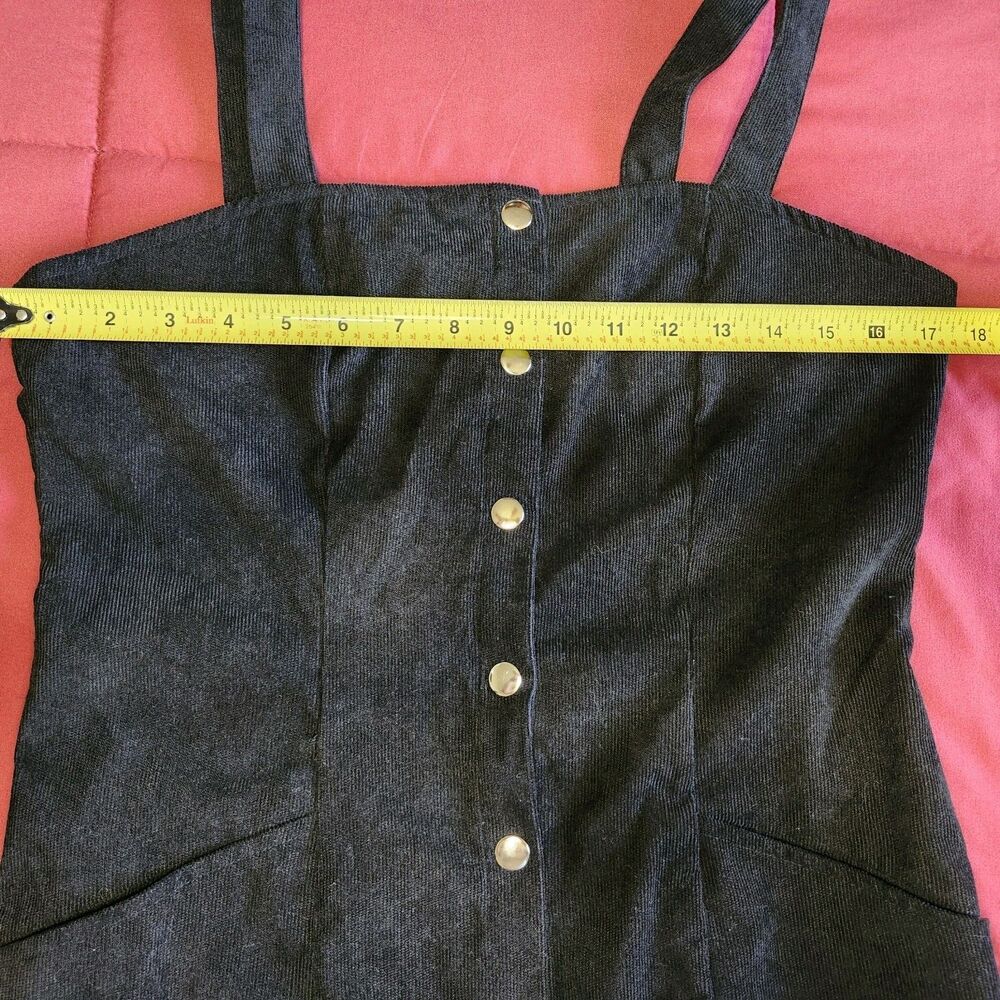 Black Corduroy Button Front Mini Dress Pinafore Style Pockets Size M - Picture 6 of 13